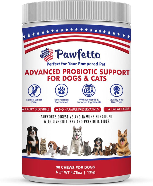 Advanced Probiotic Support for Dogs & Cats. Combination of Prebiotics & Probiotics Easily Digestible, Great Duck Flavour That Your Pets Will Love. Perfect for Your Pampered Pet (90 Chews)