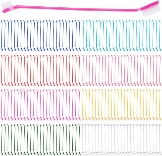 Nuogo 200 Pcs Dog Toothbrush,Dual Headed Long Handle, 8 Colors, Cats Dogs