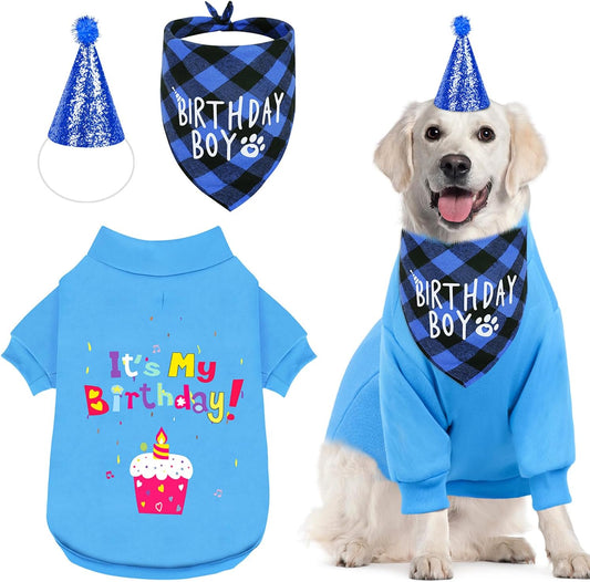 Dog Birthday Party Outfit Decoration Set Supplies - Birthday Bandana, Sweater & Party Hat Gift for Small, Medium & Extra Large Dogs Girl and Boy (X-Large, Birthday Blue)