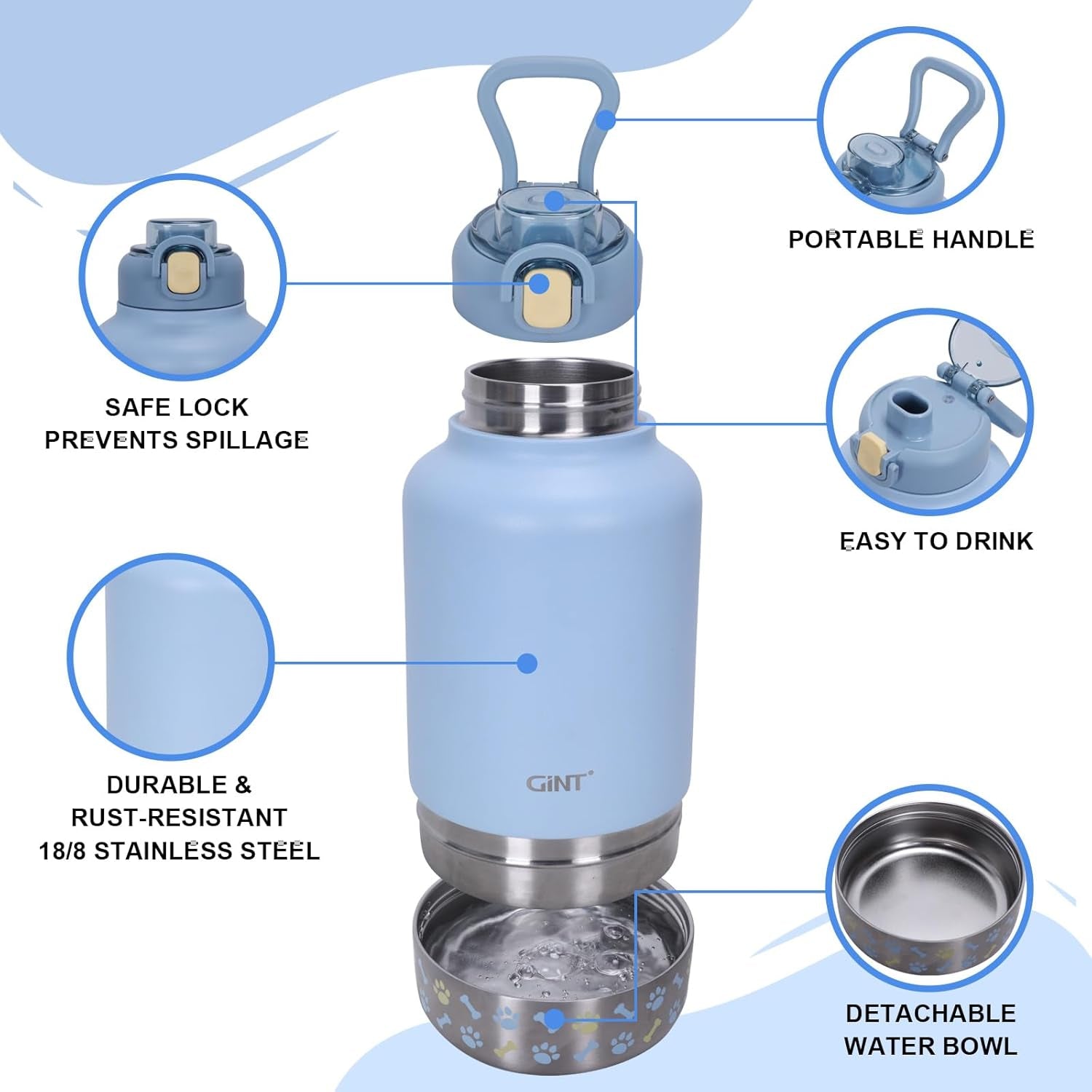 Gint 37Oz Insulated Stainless Steel Dog & Human Water Bottle, All-In-1 Travel Dispenser with Detachable Bowls & Carrying Case, Leak-Proof Pet Canteen for Walking, Hiking, Camping, Car (Blue)