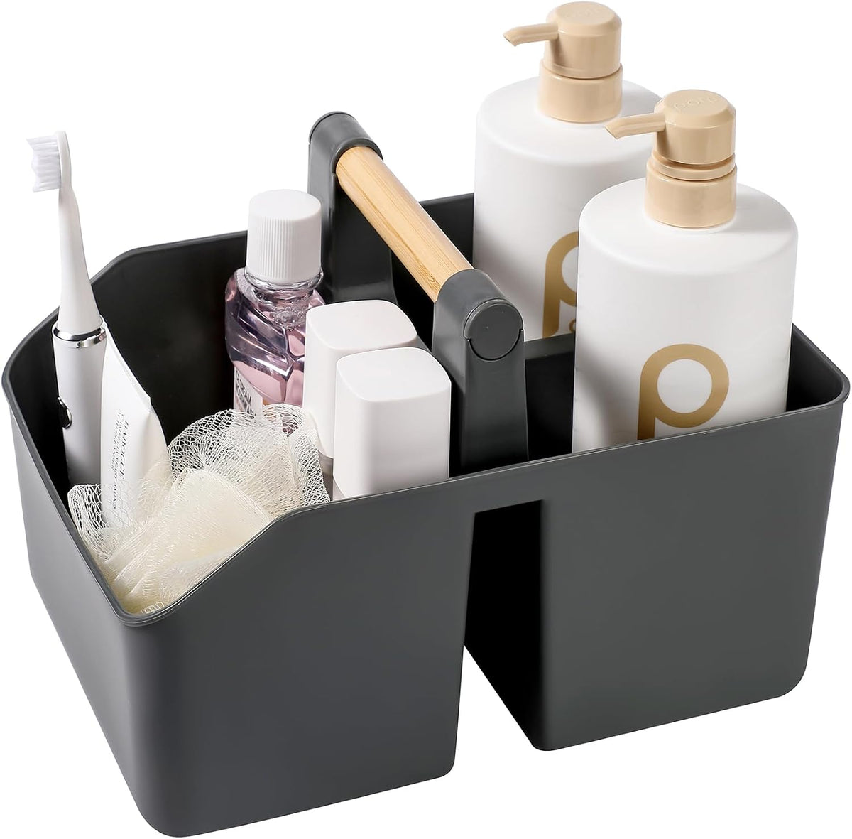 Plastic Shower Caddy, Portable Basket with Bamboo Handle, Dark Gray