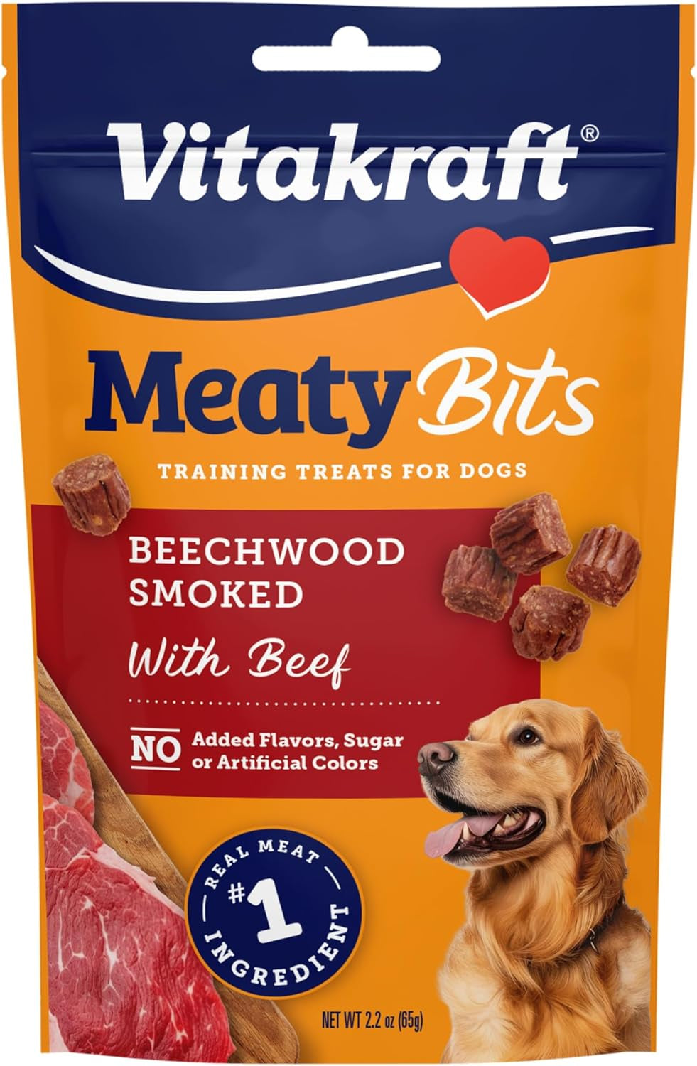 Vitakraft Meatybits Beef, Training Treats for Dogs, Naturally Smoked, Real Meat #1 Ingredient, No Added Sugar, No Artificial Flavors or Colors, Soft Dog Treats, Bag, 2.2 Oz, 7 Count