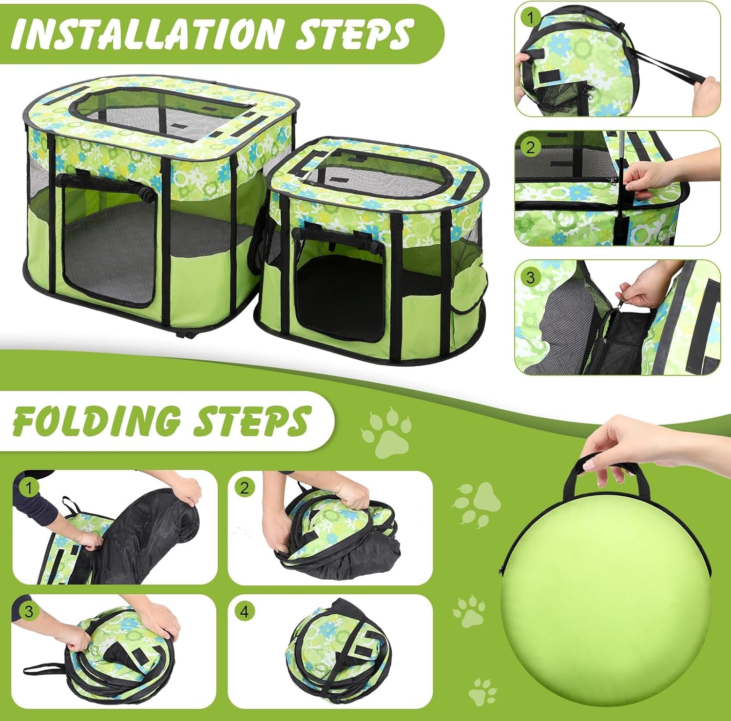 Portable Cat Playpen with Separate Areas, Foldable Indoor Outdoor Cat Enclosure, Portable Pet Tent for Kittens and Small Animals, Collapsible Tent Kennel Cage House with Tent Pegs and Carry Bag