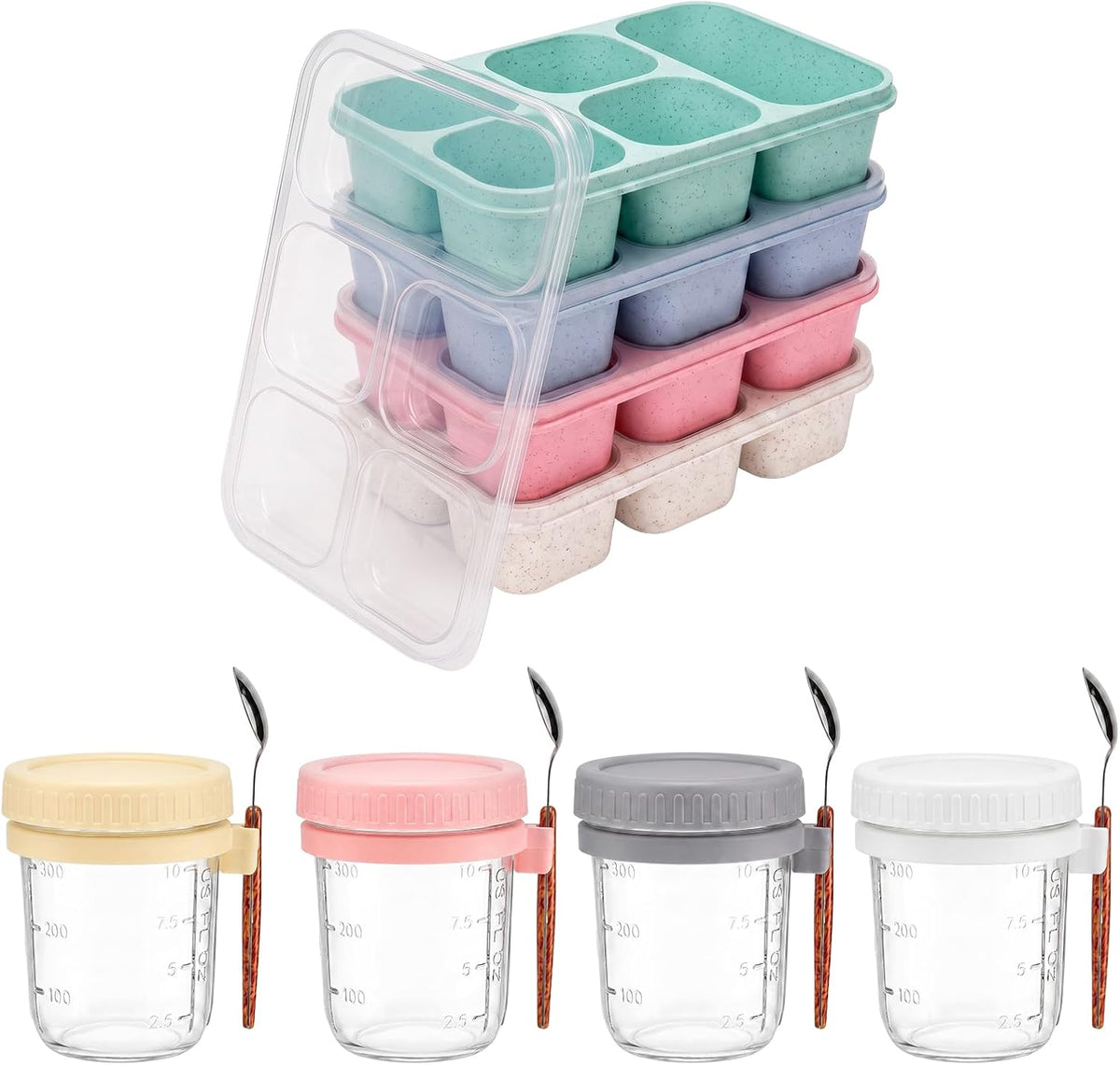 Sanwarm 8 Pack Food Storage Set Glass Oats Jar Adult Lunch Box Work Travel