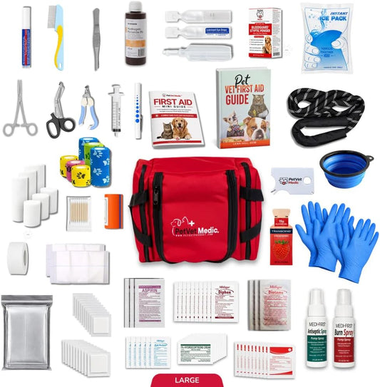 Pet Vet Dog First Aid Kit, Large Pet Emergency Kit for Dogs & Cats - Veterinary-Approved with Thermometer, Bandages, Gauze, Scissors, Tweezers, Blanket and Durable Travel Storage Bag