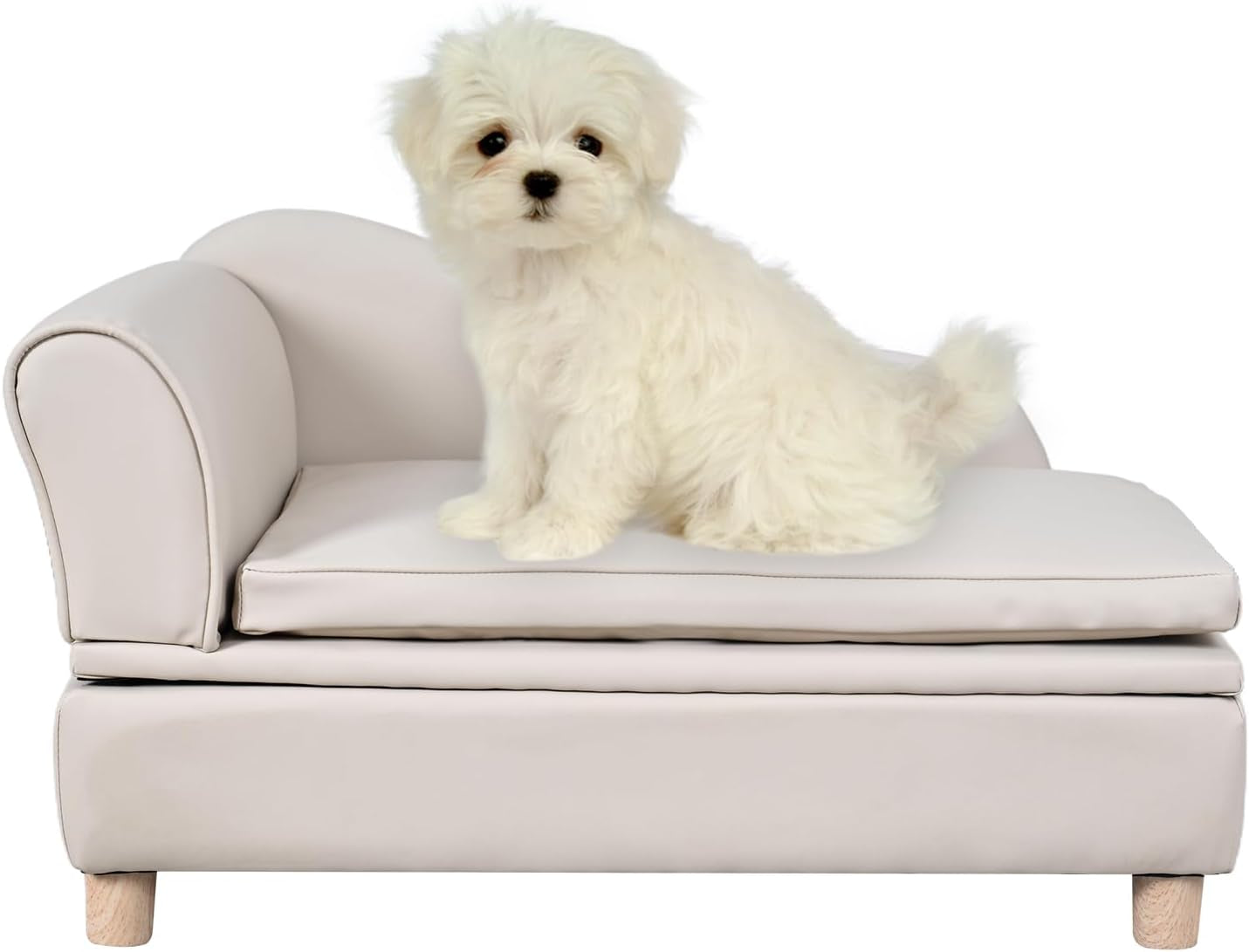 PU Leather Dog Sofa and Chair with Storage - Wooden Frame Cat Sofa Couch with Cushion,Small Pet Bed Sofa for Puppy and Cats (Pearl White)