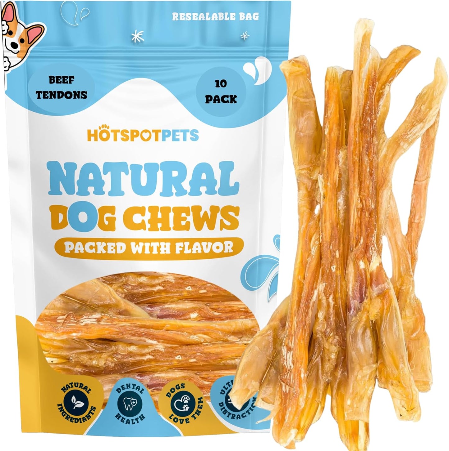Hotspot Pets Beef Tendon Chews for Dogs (10 Pack) - Made in USA - 8 Inch All Natural, Free-Range, Grass-Fed Premium USDA Gambrol Beef Tendon Stick Treats, Great for Joint Health
