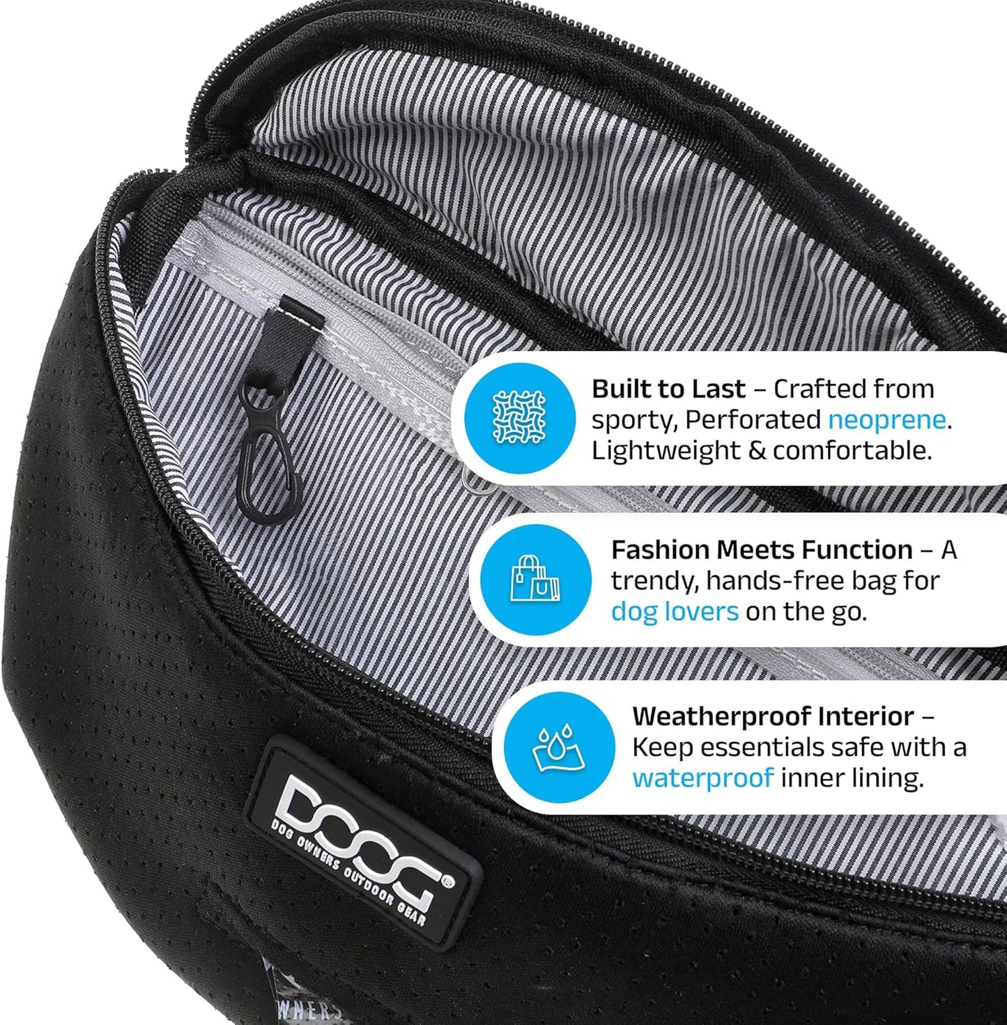 DOOG Neosport Dog Walking Fanny Pack - Waterproof Treat Pouch & Waste Bag Holder - Hands-Free Belt Bag for Training, Hiking & Outdoor Adventures - Black