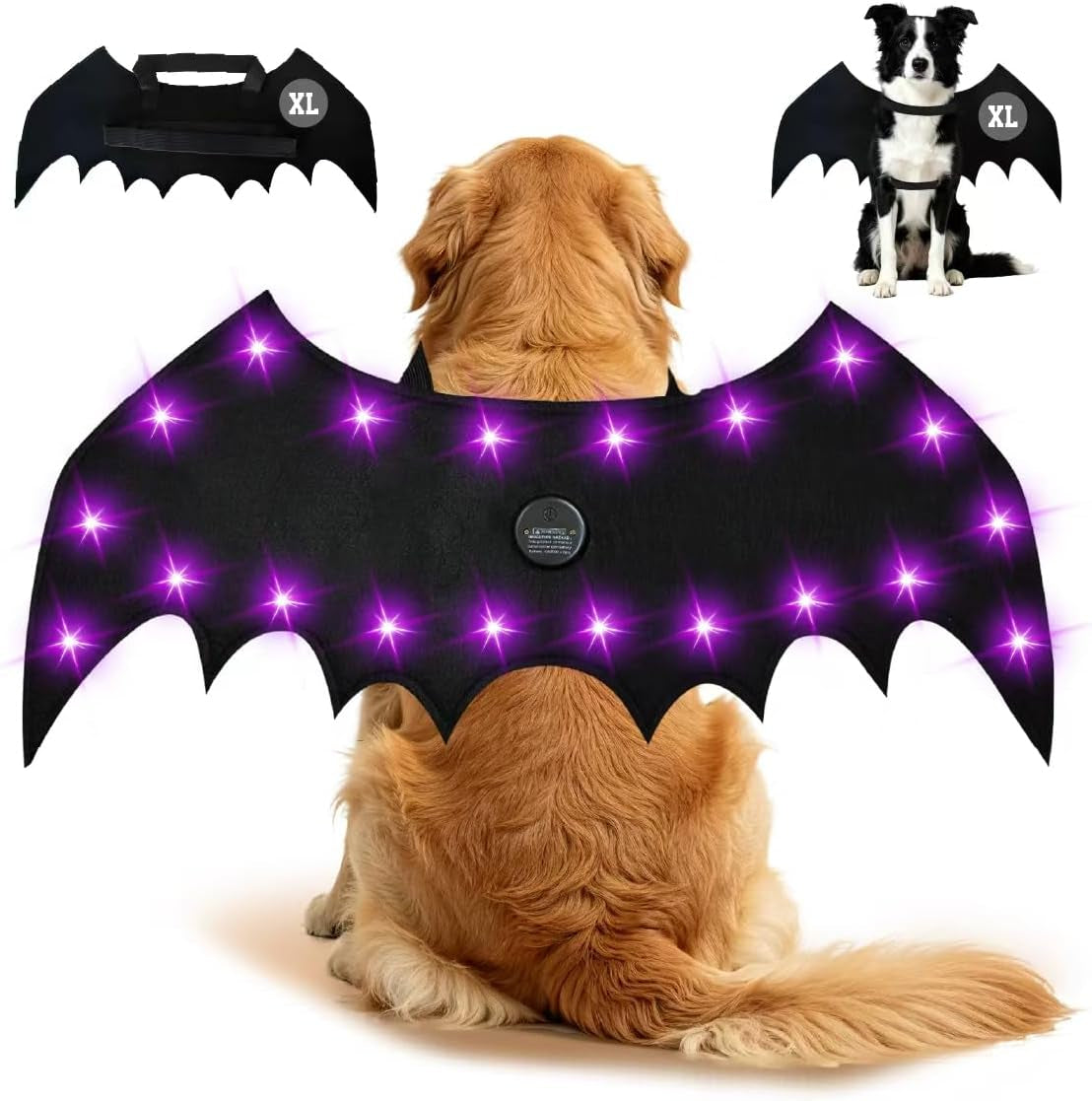 Light up Dog Bat Wings Halloween Costume for Cats & Dogs, 20 LED Lights 4 Modes, Adjustable Glow Pet Wings Harness, Lightweight Spooky Costume for Night Walk XL