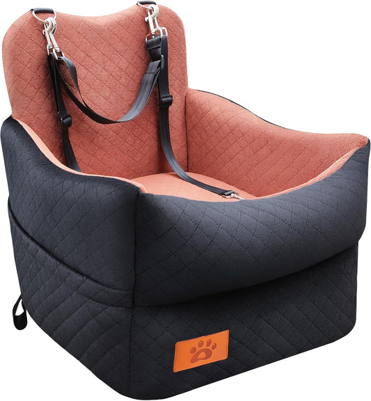 Elevated Dog Car Seat for Small & Medium Dogs up to 35Lbs - Washable Memory Foam Portable Dog Booster Seat, Senior & Puppy Pet Travel Bed for Car (Black/Brown)