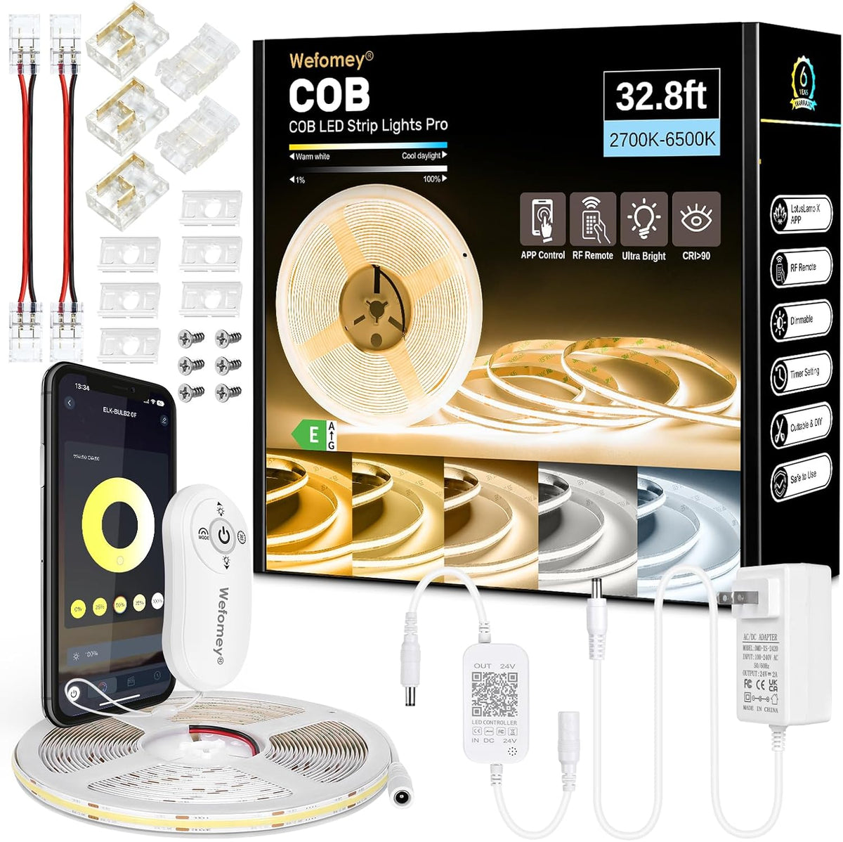 32.8Ft COB LED Strip Lights Dimmable 2700K-6500K Bright Tunable White