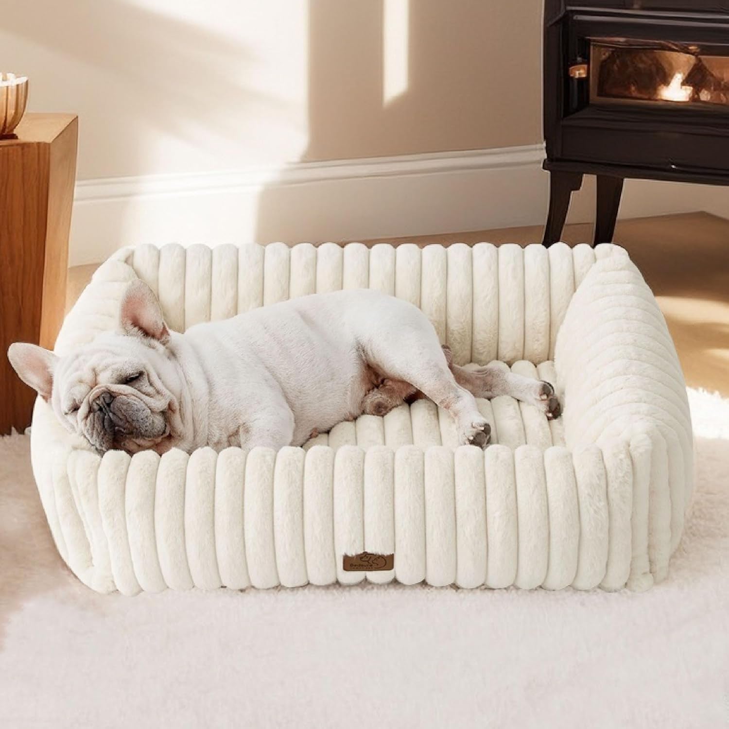 Bedsure Comfyfleece™ Cute Dog Bed Medium Size Dog - Washable Furry Puppy Beds, Rectangle Orthopedic Corduroy Fleece Pet Beds with Removable Zipper Cover, 30X24X8Inches, Cream