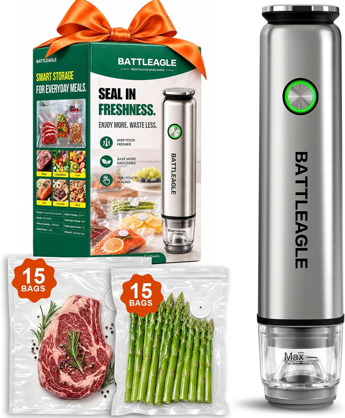 Handheld Vacuum Sealer for Food, 30 Reusable Bags, 10X Freshness