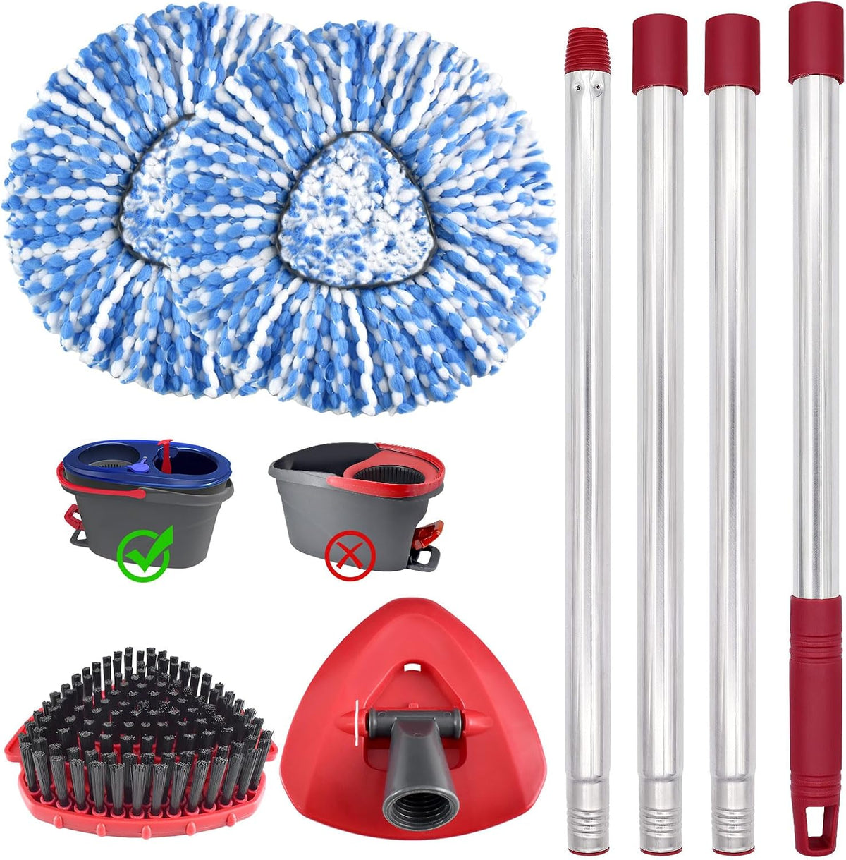 Mop Heads Replacements,Mop Handle,Scrub Brush,Base for Ocedar Rinseclean 2 Tank,Include 2 Microfiber Mops Replace Head,30-58" Adjustable Mop Stick,1 Scrubber Head,1 Spin Base,Bucket Not Included