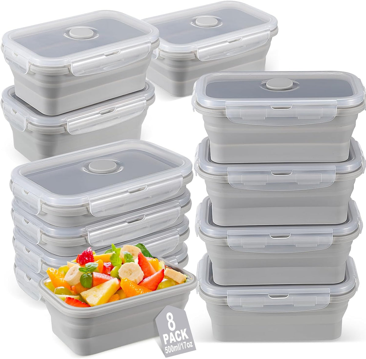 Mifoci 8 Sets of Silicone Collapsible Bowls, Gray, 17 Oz/ 500 Ml