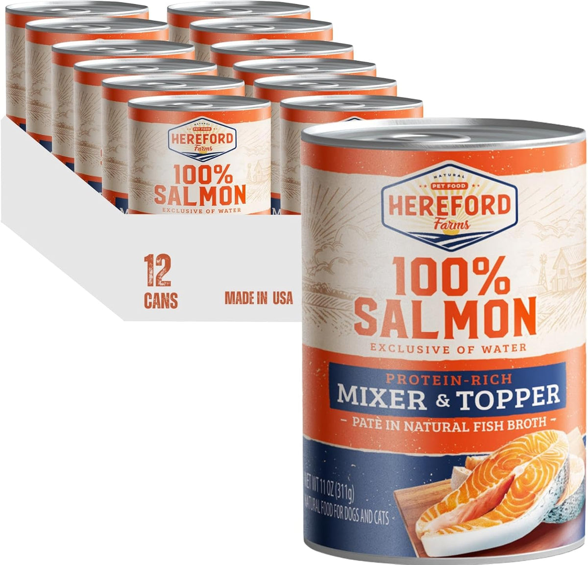100% Salmon Wet Dog Food (Exclusive of Water), All Natural Protein-Rich Mixer and Topper in Broth, 11Oz. (12 Pack)