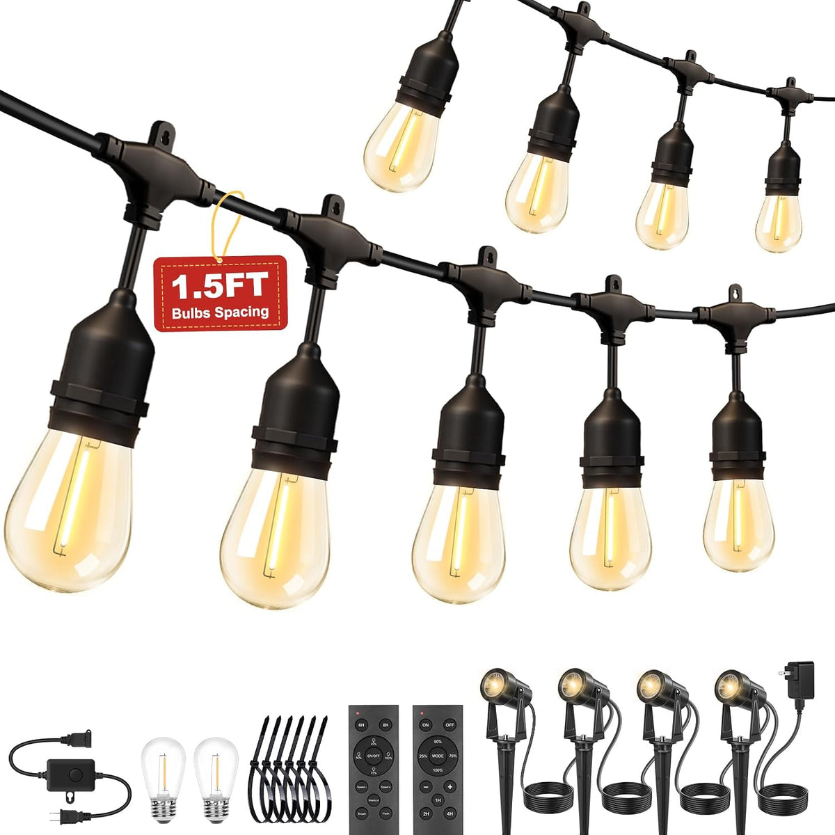 50FT Outdoor String Lights 32Bulbs (1.5FT Bulbs Spacing),120W Dimmer Remote
