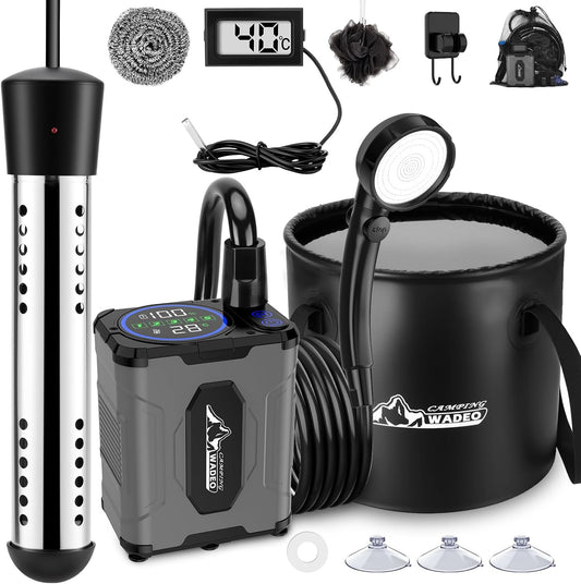WADEO 2026 Upgraded Portable Shower for Camping with Heater, Rechargeable Camping Shower with Intelligent LED Display, 5 Gal Foldable Bucket, 5 Speed Pressure, Outdoor Shower for Travel, Pet Bath