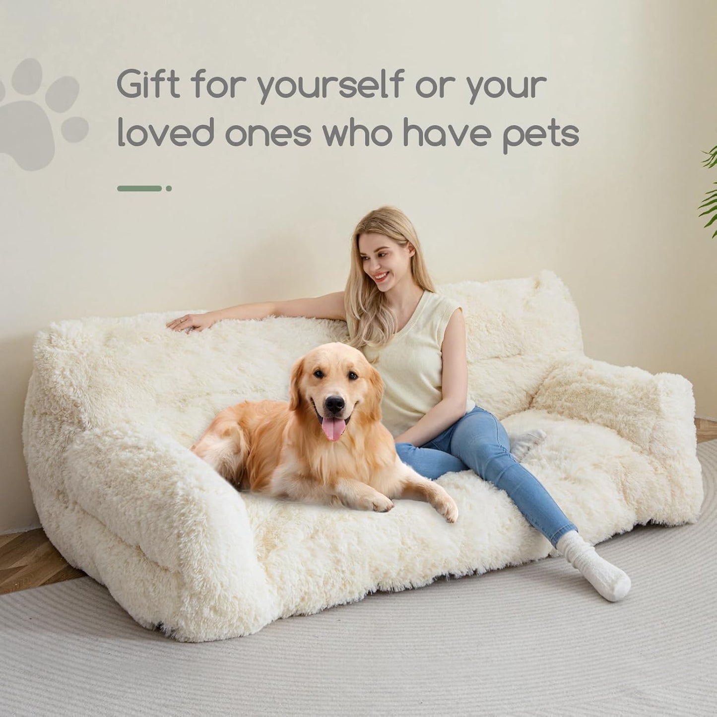HIGOGOGO Giant Human Dog Sofa Bed, Big Comfy Floor Sofa Couch for Pet Families with Foam Chunk Supportive Mat, Fluffy Faux Fur Orthopedic Dog Bed for Human, XXXL Size, Beige