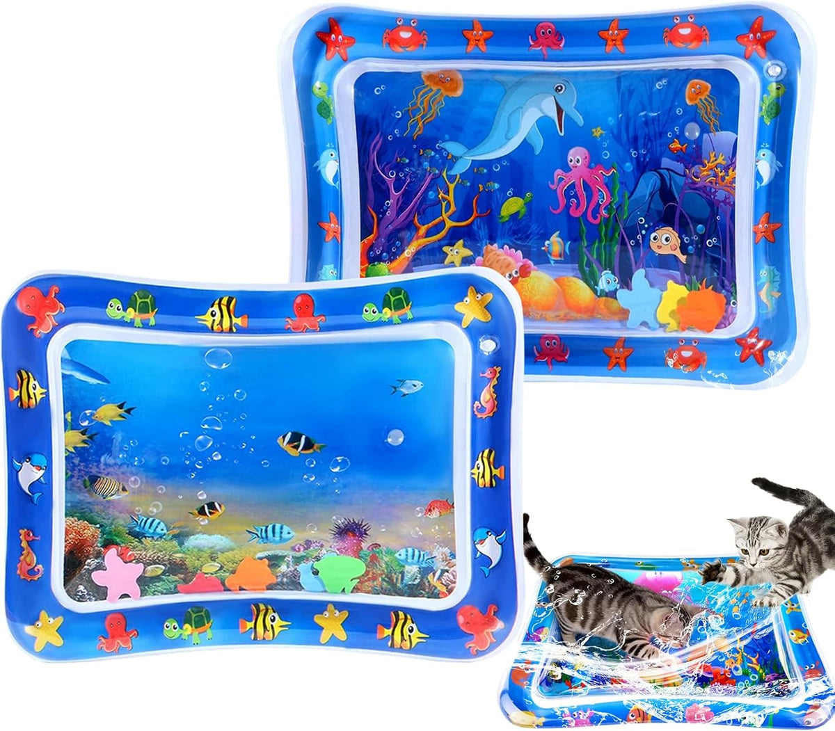 2 PCS Large Thickened Cat Water Sensory Play Mat, Anti-Scratch Leak Proof Cooling Pad with Floating Fish Toy, Cat Water Mat Interactive Hunting Exercise for Indoor Cats, Summer Pet Play Mat