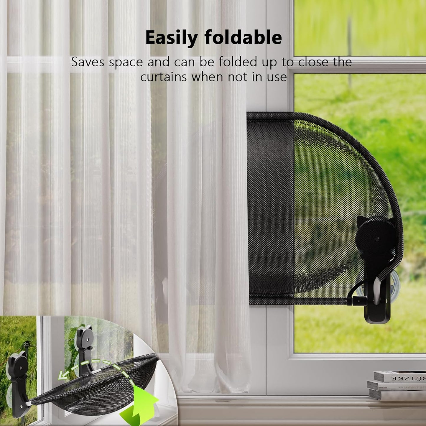 JUNSPOW Cat Window Perch Cordless, Foldable & Stable Cat Beds- Breathable Cat Window Hammock for Overlooking, Sunbathing and Climbing - Maximum Hold up to 40Lb