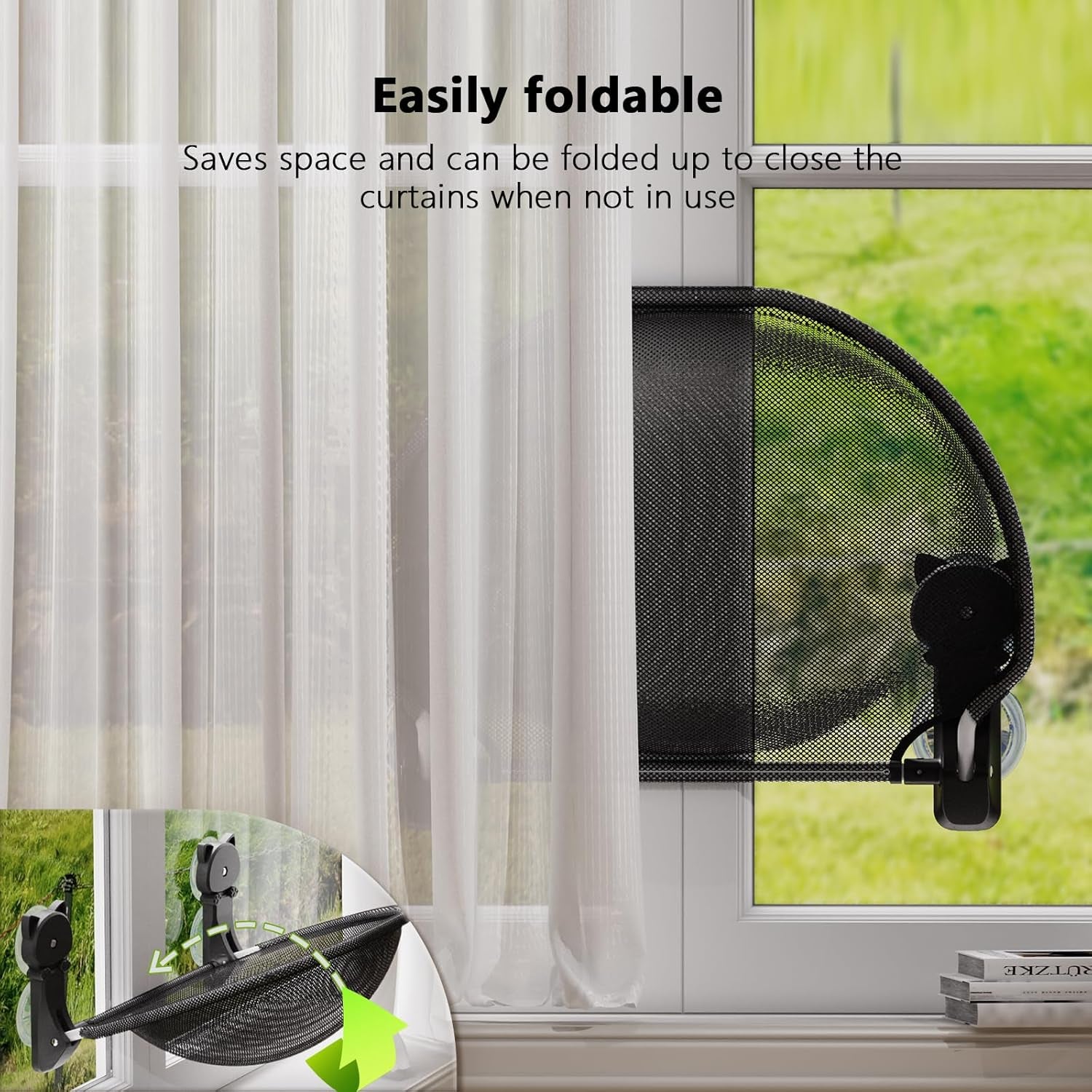 JUNSPOW Cat Window Perch Cordless, Foldable & Stable Cat Beds- Breathable Cat Window Hammock for Overlooking, Sunbathing and Climbing - Maximum Hold up to 40Lb
