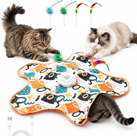 Interactive Cat Toy for Indoor Cats,Rechargeable Touch Activated Hide and Seek Cat Toys with Bird Squeaky,2000 Mah Battery,Cats Feather Toy with 4 Cat Wands Colorful,For All Breeds