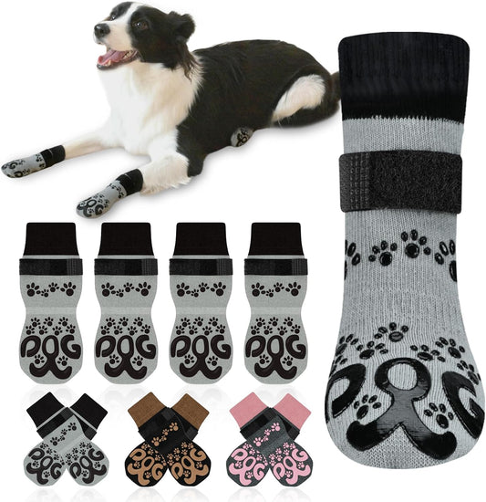 Dog Grippy Socks for Senior - Double Side Dogs Socks to Prevent Licking Paws, Dogs Sock with Grippers, No Twist Dog Booties for Hardwood Floors, Light Grey and Black, XXL