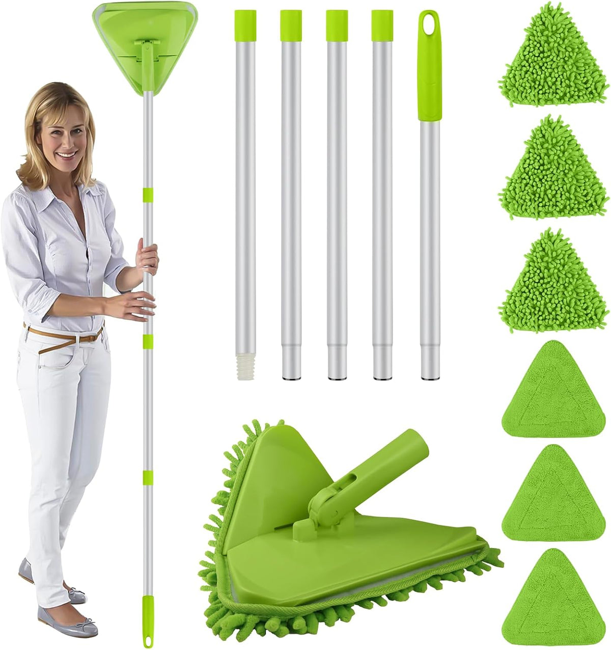 Wall & Baseboard Cleaner Mop Tool with 82'' Long Handle, 360 Degree Rotating 3-In-1 Ceiling Cleaning Tool Duster for Cleaning Painted Walls, Window, Floor, 6 Replacement Microfiber Chenille Pads