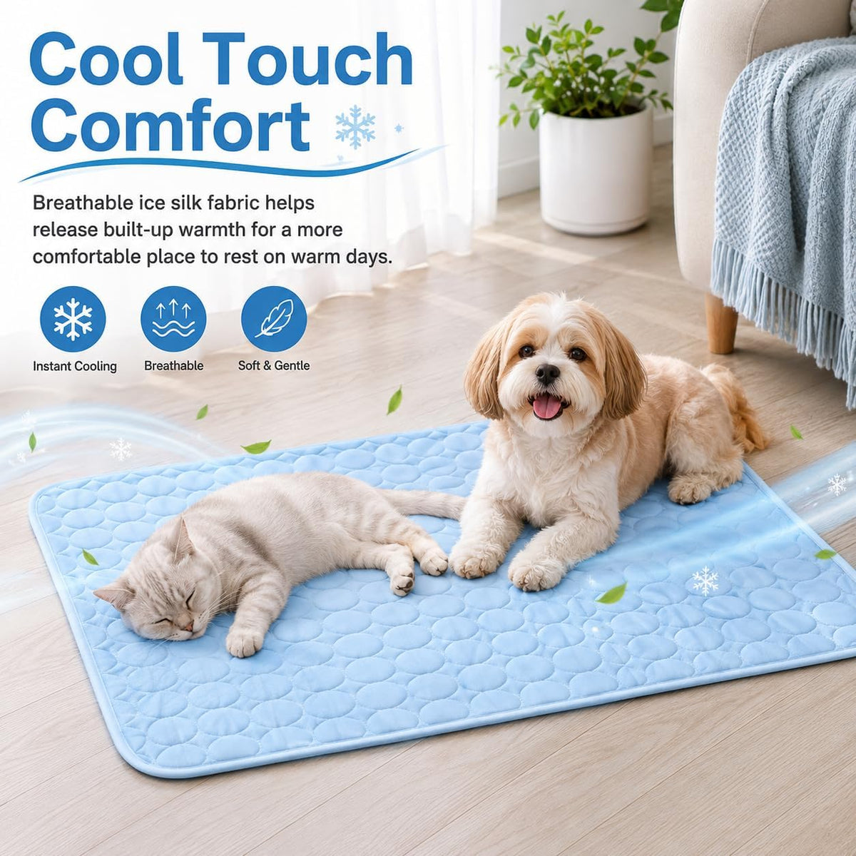 Pet Cooling Mat for Cats, Dogs and Small Pets, Breathable Ice Silk Cooling Pad, Gel-Free Washable Foldable Pet Bed Mat for Crate, Sofa, Carrier and Floor 20" X 16"