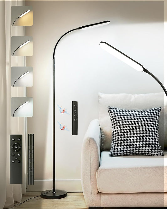 LED Floor Lamp, 18W Super Bright Floor Lamp with Remote, Stepless Dimming & 2700K-6500K Color Temperature, Adjustable Gooseneck Standing Lamp, for Living Room, Bedroom, Black B35LD05
