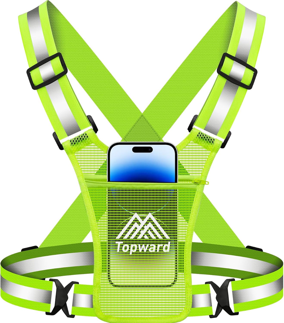 Topward Running Vest Chest Phone Holder for Women Men, Reflective Vest Safety Gear for Dog Walking Cycling - Adjustable Waist/Shoulder