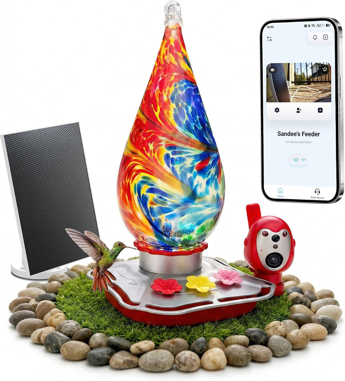 Anti-Leak Glass Hummingbird Feeder with 2K Solar Camera