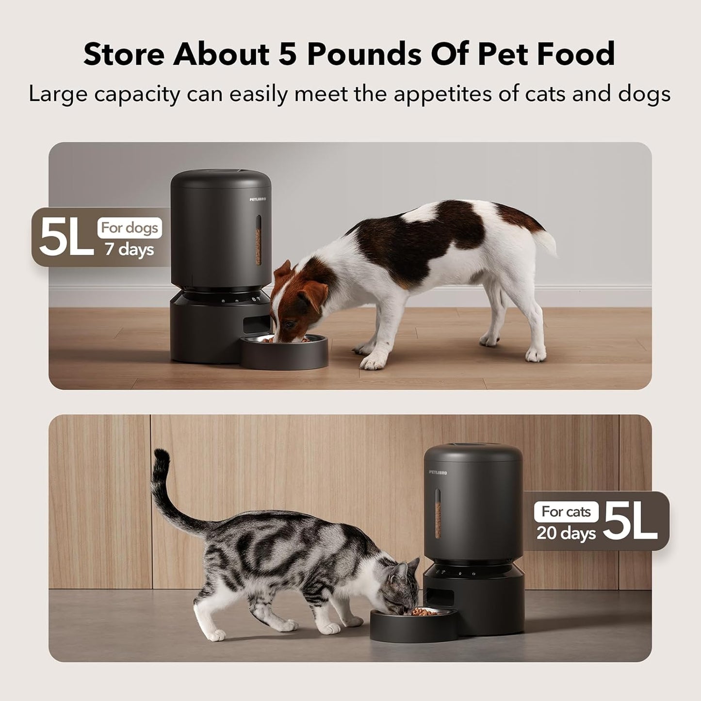 PETLIBRO Automatic Cat Feeder, 5G Wifi Automatic Dog Food Dispenser with Freshness Preservation, 5L Timed Pet Feeder with Low Food Sensor, up to 10 Meals per Day, Granary Black