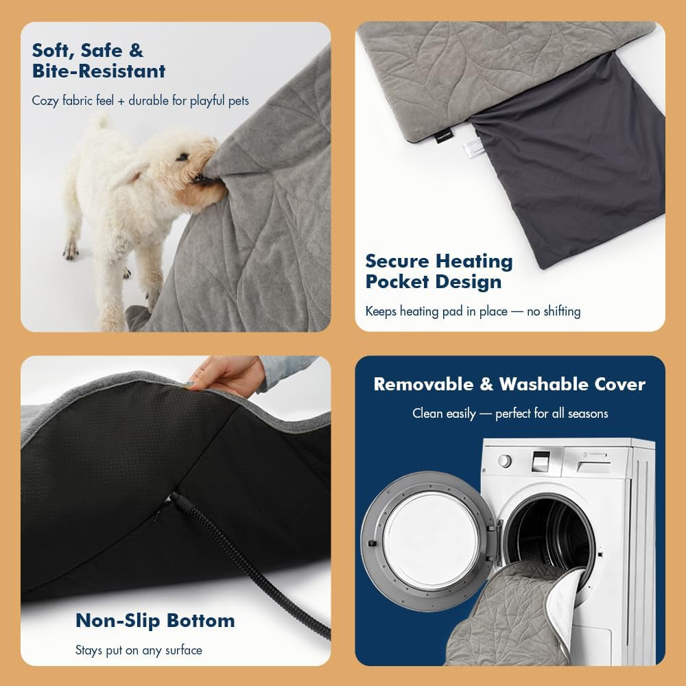Vagascape Dog Bed, Waterproof Pet Bed with Removable Cover, Comfort Cat Dog Pad for All Seasons, Heating Khaki Rectangle Cat Mat with Nonskid Bottom