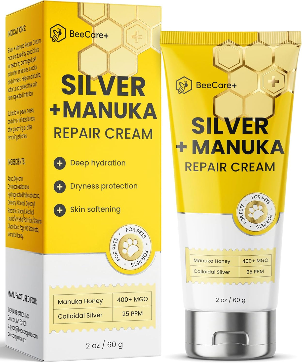 Silver + Manuka Repair Cream for Hot Spot Treatment for Dogs – Helps with Scratches, Irritations, Bites & Cuts – Cat Wound Care Ointment for Dry Skin – Suits for All Pet Breeds, Ages & Sizes – 2 Oz