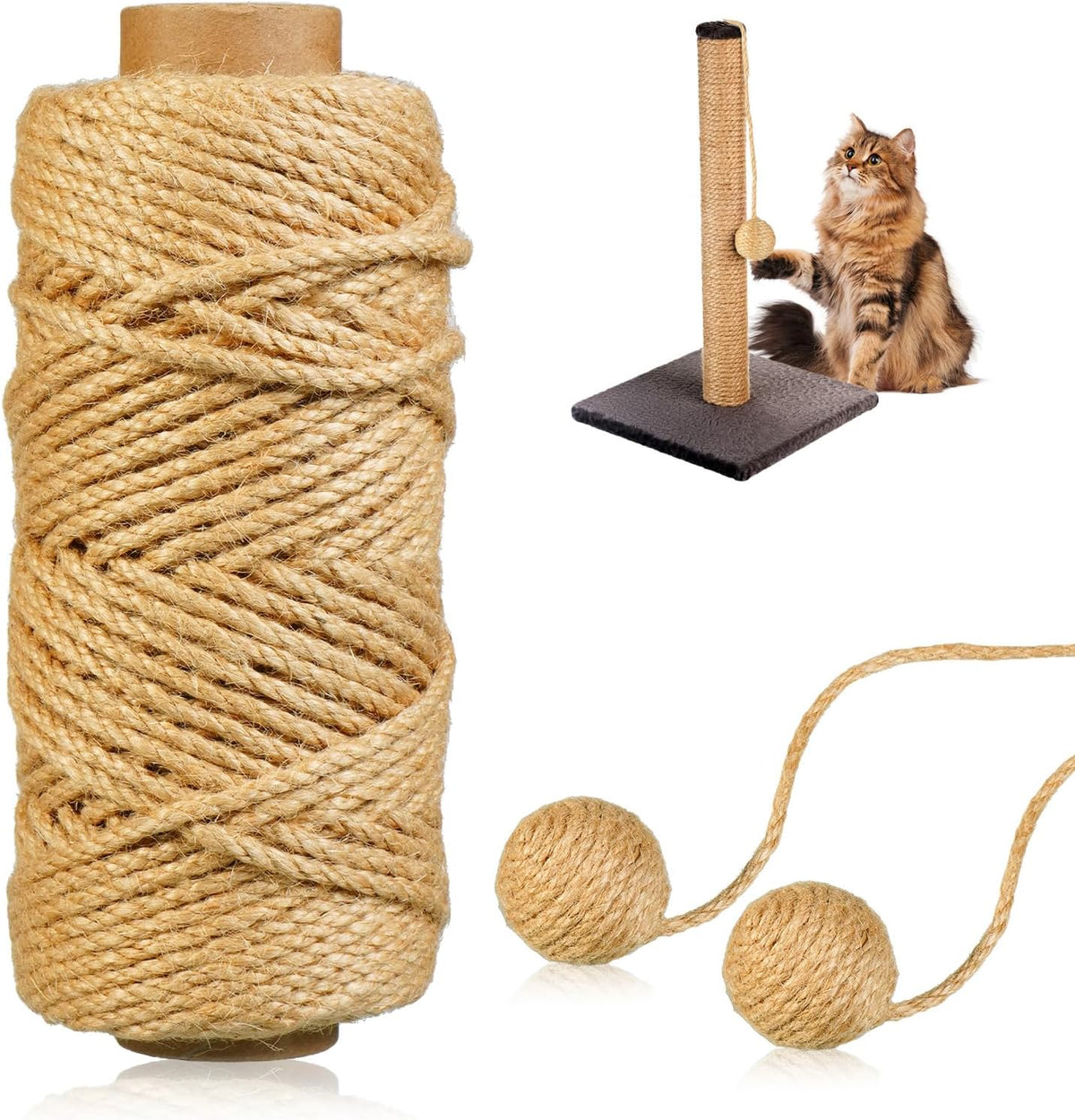 164FT Sisal Rope for Cat Tree, 4Mm Natural Jute Twine for Scratching Post Replacement with 2 Sisal Cat Balls, Hemp Twine Rope for DIY Crafts & Home Decorating