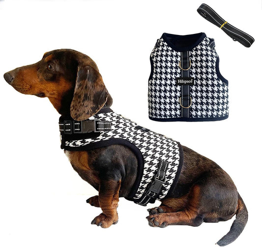 Dog Harness for Mini Dachshund, Houndstooth Rub-Free Dachshund Harness Vest, No Pull & Escape Proof, No Armpit Rub, Reflective Adjustable Dog Harness (Black, S: Chest 32-41Cm (12.5"-16"))