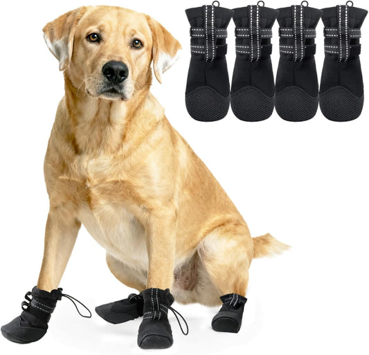 Waterproof Dog Shoes for Summer Hot Pavement, Anti-Slip Reflective Paw Booties for Hiking Walking, 4Pcs Hot Weather Large Breeds Snow Paw Protectors for Winter, Size XL, Black