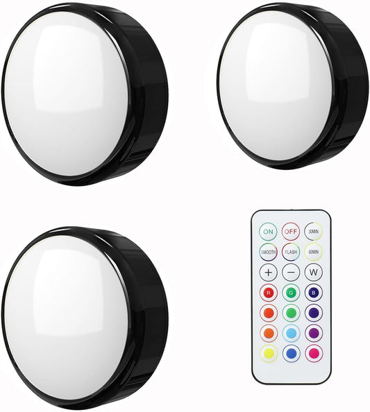SEMSMOKS Battery Operated LED Puck Lights with Wireless Remote, 13 Color RGB - for Closet, Bedroom Wall, under Cabinet, Battery Powered Push Lights. Convenient 3M Stick on (Black, 3Pcs)