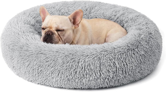 Calming Donut Dog Bed for Small Dogs, Anti-Anxiety round Washable Plush Fluffy Faux Fur Large Cat Bed, 24 Inches Fits up to 25 Lbs Pets, Anti-Slip Waterproof Mute Base Gray