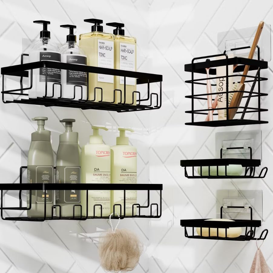 5 PCS Shower Caddy Organizer Set, Rustproof Adhesive Bathroom Shelves for inside Shower, No Drill Wall Mounted Storage Rack with Soap Holder & Hooks, Matte Black