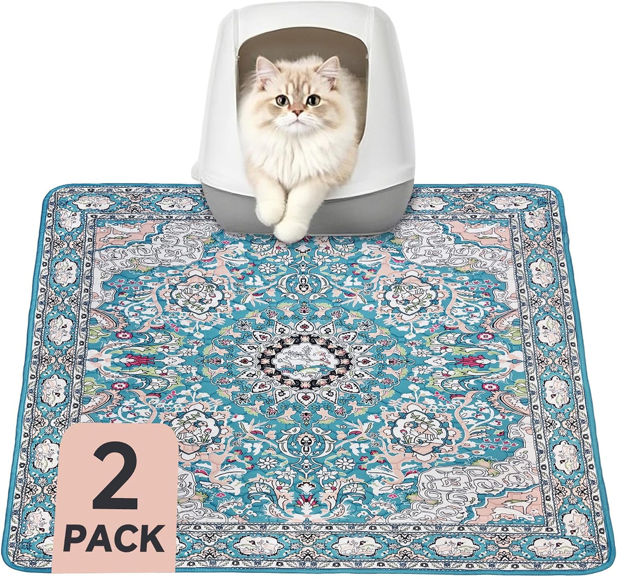 Cat Litter Mat, Reusable Kitty Litter Trapping Mat 2 Pcs, 24"X18" Washable Litter Mats for Cats, Waterproof & Non-Slip Compatible with Cat Box (Lake Blue Medallion, 24"X18"(2 PCS))