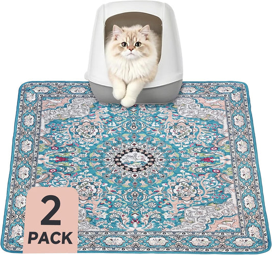 Cat Litter Mat, Reusable Kitty Litter Trapping Mat 2 Pcs, 24"X18" Washable Litter Mats for Cats, Waterproof & Non-Slip Compatible with Cat Box (Lake Blue Medallion, 24"X18"(2 PCS))