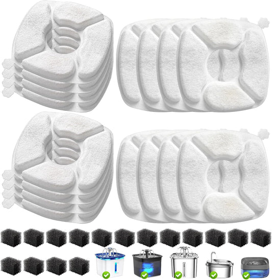 32 Pcs Cat Water Fountain Replacement Filters-16 Pack Cat Fountain Filters with 16 Pack Sponges, Enhanced Compatibility Pet Fountain Filter Fit for 95Oz/2.8L 135Oz/4L 67Oz/2L Pet Drinking Fountain