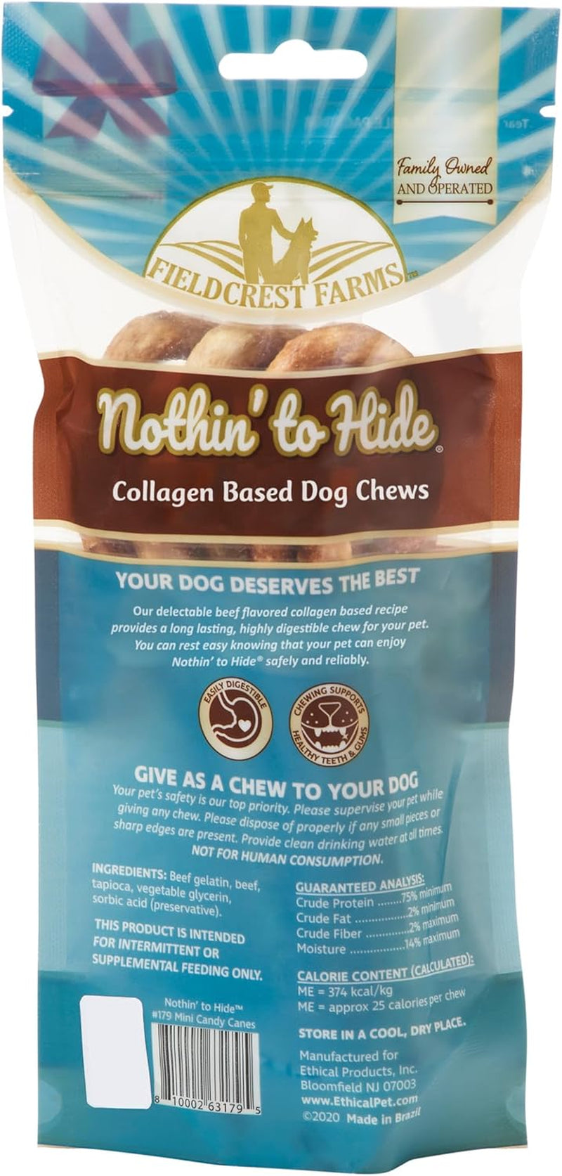 Fieldcrest Farms Nothin' to Hide Mini Holiday Candy Cane Beef Flavor Dog Chews, Rawhide-Free, Easily Digestible, Long-Lasting, All-Natural Treats for Moderate Chewers up to 15Lbs, 6-Ct