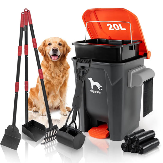 Dog Pooper Scooper, 7Pcs Set Poop Trash Can with Removable Inner Bucket, Long Handle Tray & Rake, 60 Waste Bags, Dog Waste Large Bin Waterproof for Outdoor, Backyard, Garden