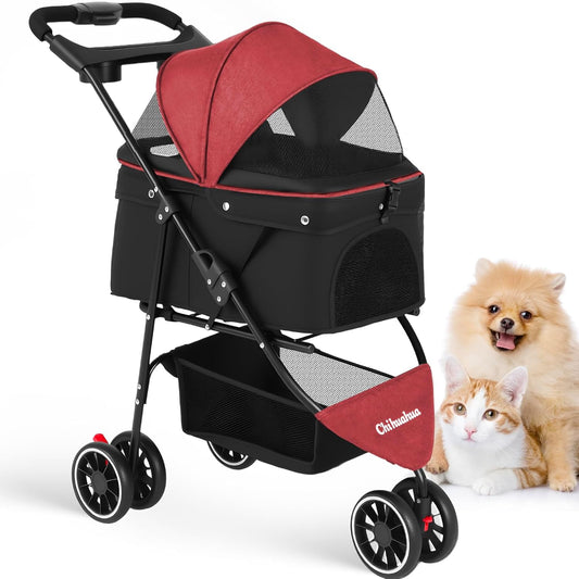 Pet Stroller,Dog Stroller for Small Medium Dogs Cats,3 Wheels,Red+Black