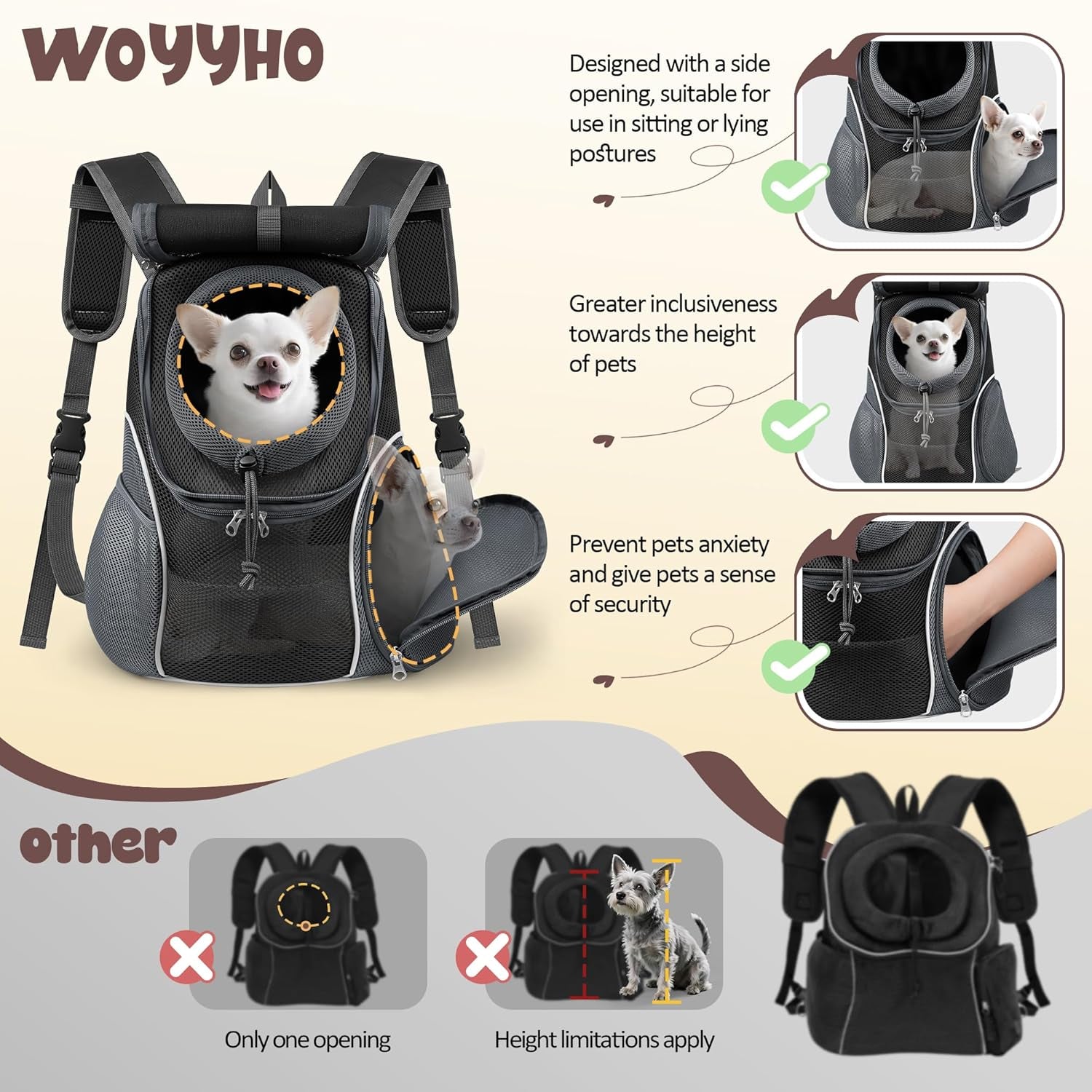 WOYYHO Pet Dog Carrier Backpack with Top and Side Windows, Small Dog Front Backpack Ventilated Dog Back Pack with Safety Belt for Travel Hiking Outdoor Adventures (Size L: 10-14 Lbs, Black 2.0)
