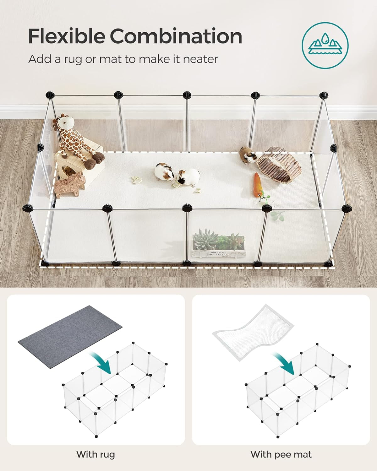 SONGMICS 20 Panels Pet Playpen with Floor, Small Animal Playpen, Pet Fence Indoor, DIY Plastic Enclosure for Guinea Pigs, Bunny, Hamsters, Hedgehogs, 49.2 X 24.8 X 16.5 Inches, White ULPC001W01